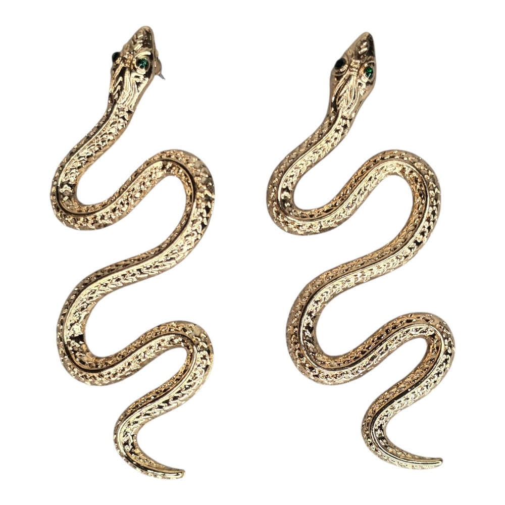Gold Serpent Snake Green Rhinestone Crystal Eyes Earrings Boho Glam Bold Gothic